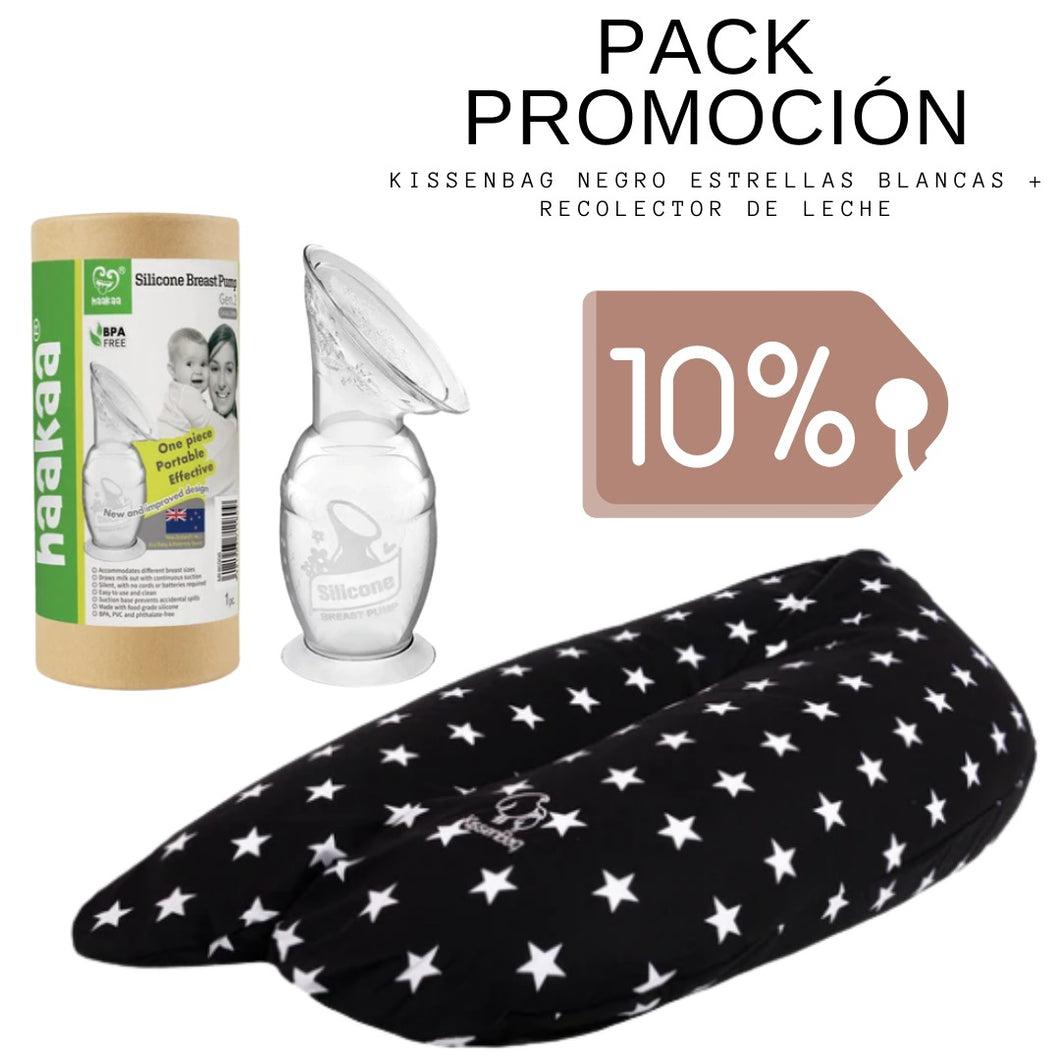 Pack Cojín Kissenbag Negro Estrellas Blancas + Recolector Haakaa